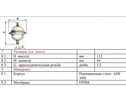 Гаситель гидроударов мембранный,  0,162л. (нерж)  VT.CAR19.I.04001