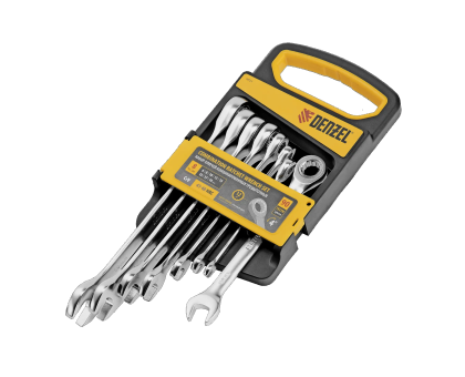 Набор ключей комбинированных трещоточных 6-19 мм, 8 шт., CrV, матовый хром//Denzel 14721