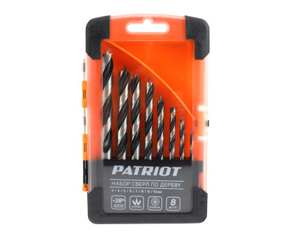Набор сверл по дереву PATRIOT спирал, Wобразная заточка,8 шт: 3, 4, 5, 6, 7, 8,9, 10мм, в пласт бокс