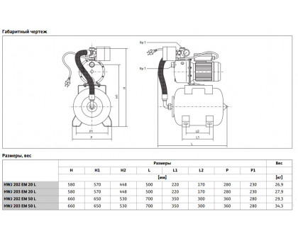 Насосная станция HWJ 50L 203 EM [h=43 м, Q=4.5 м³/ч] (1.2 кВт)