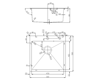 Кухонная мойка нерж.сталь сатин D&K DKS505004, в комплекте с сифоном, корзиной, дозатором