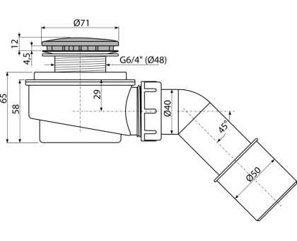 Сифон д/поддона h=58мм 1 1/2"x40 пер/тр 45гр 40/50 хром/слив Alca A471CR-50