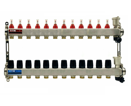 Коллекторная группа 1"х3/4" 12 выходов, без кранов "КВАДРАТ", нержавеющаяя сталь KCS5012 TIM
