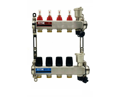 Коллекторная группа 1"х3/4"  4 выхода, без кранов "КВАДРАТ", нержавеющая сталь KCS5004 TIM