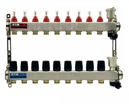 Коллекторная группа 1"х3/4"  9 выходов, без кранов "КВАДРАТ", нержавеющаяя сталь KCS5009 TIM