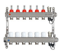 Коллекторная группа (нерж) 1x3/4x 5 вых. (расход-ры, рег.клапаны, авт.воздух-к, дренаж.клапан) UC-5A