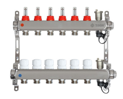 Коллекторная группа (нерж) 1x3/4x 6 вых. (расход-ры, рег.клапаны, авт.воздух-к, дренаж.клапан) UC-6A