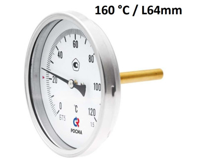 Термометр биметаллический РОСМА БТ51, D100, L= 64 мм, G 1/2", 0-160°С, кл. 1,5										
