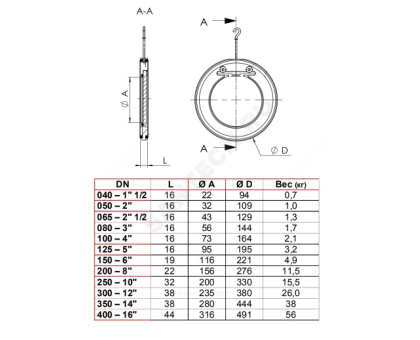 Клапан обратный нерж. сталь DN40 TECOFI CB6441 м/фл, створчатый, PN16 CB6441-0040