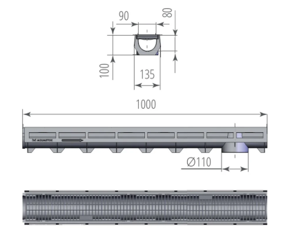 Лоток водоотводный пластиковый ЛВП AQUA-TOP Series X с чугунной решеткой (комплект) АКВАСТОК					